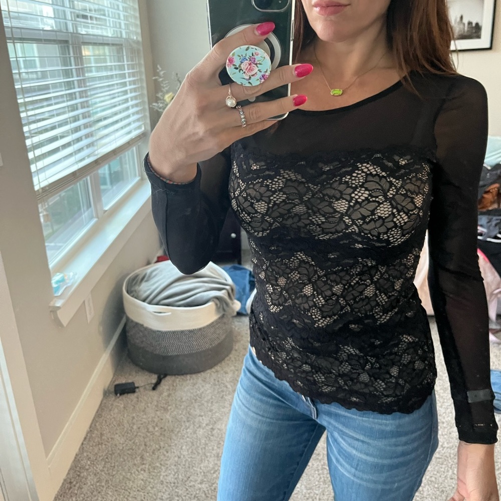 Black lace Inc long sleeve sheer top